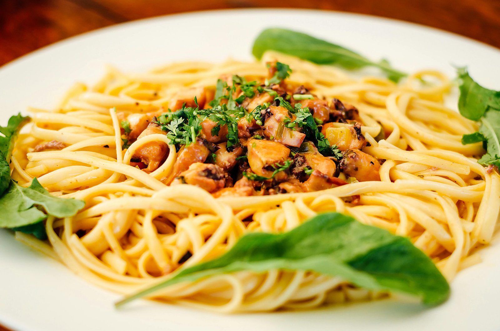 Close-up of a delicious seafood pasta dish served in a restaurant in Natal, Brazil.